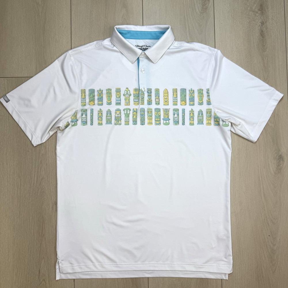 Straight Down Mens M Performance Polo Shirt Tiki Print White Blue Golf Stretch‎